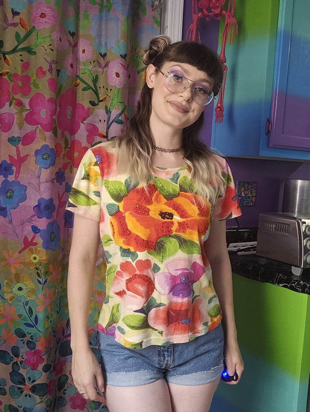 Take Two Y2k 2000's Bejweled Bedazzled Bright Floral Short Sleeve T-Shirt